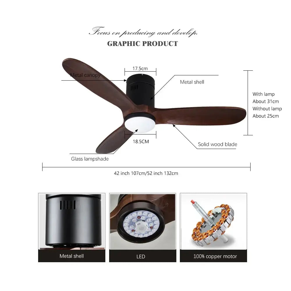 Vintage brown wood ceiling fan with remote control for living room