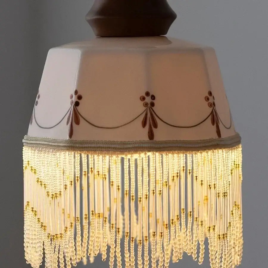 Vintage brown wood ceramic pendant lights bedroom beaded fringe