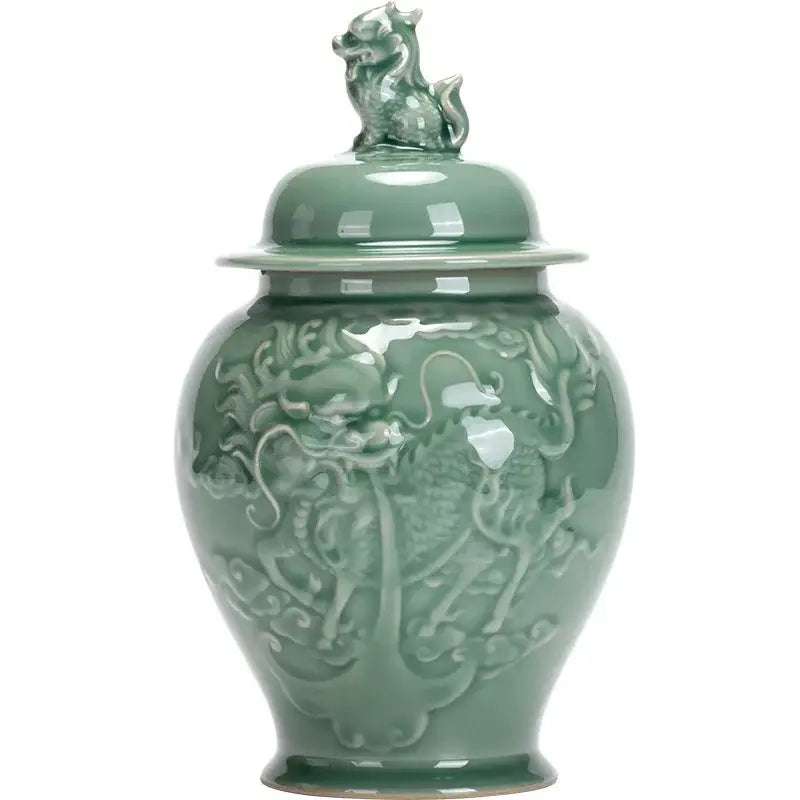 Vintage celadon green dragon relief porcelain tea caddy kitchen storage jar