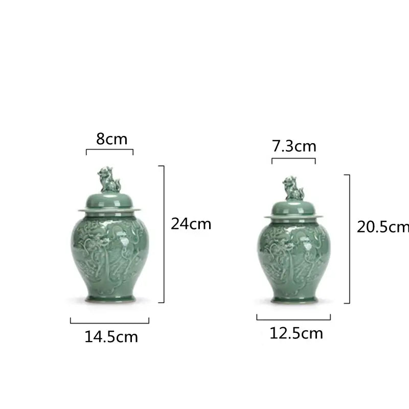 Vintage celadon green dragon relief porcelain tea caddy kitchen storage jar