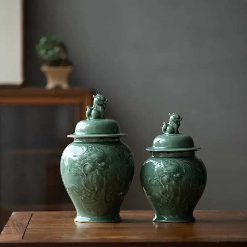 Vintage celadon green dragon relief porcelain tea caddy kitchen storage jar