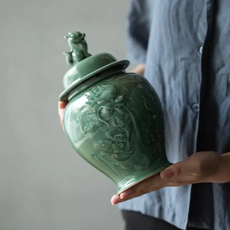 Vintage celadon green dragon relief porcelain tea caddy kitchen storage jar