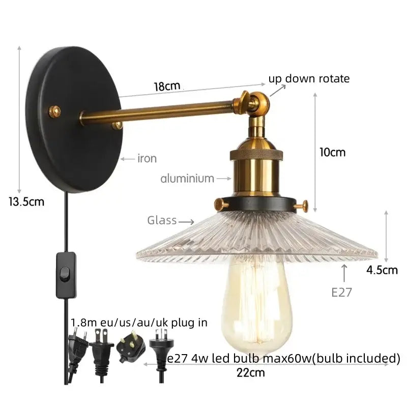 Vintage chrome led wall light bedroom faceted glass sconce