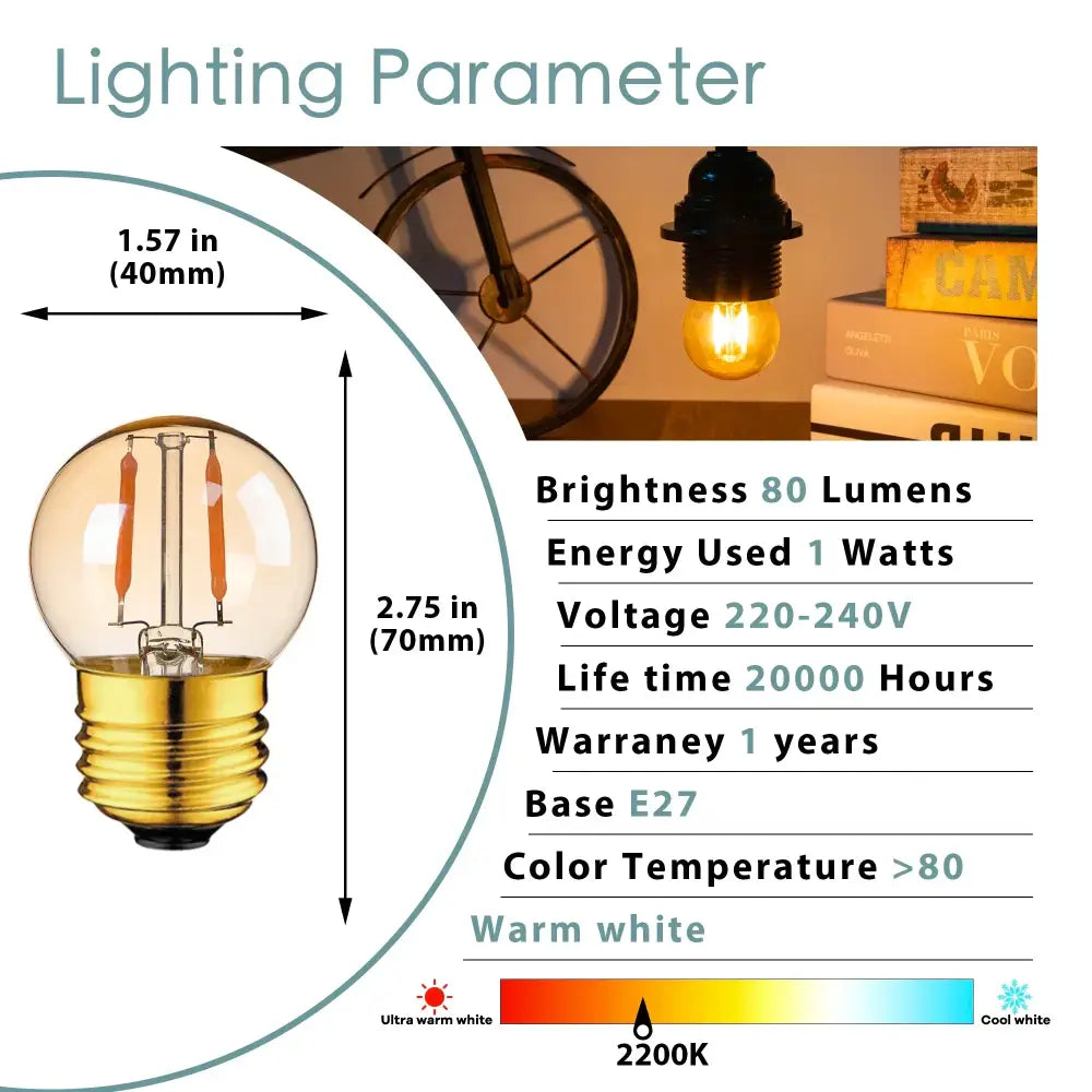 Vintage clear & amber g40 globe led filament bulb bedroom light