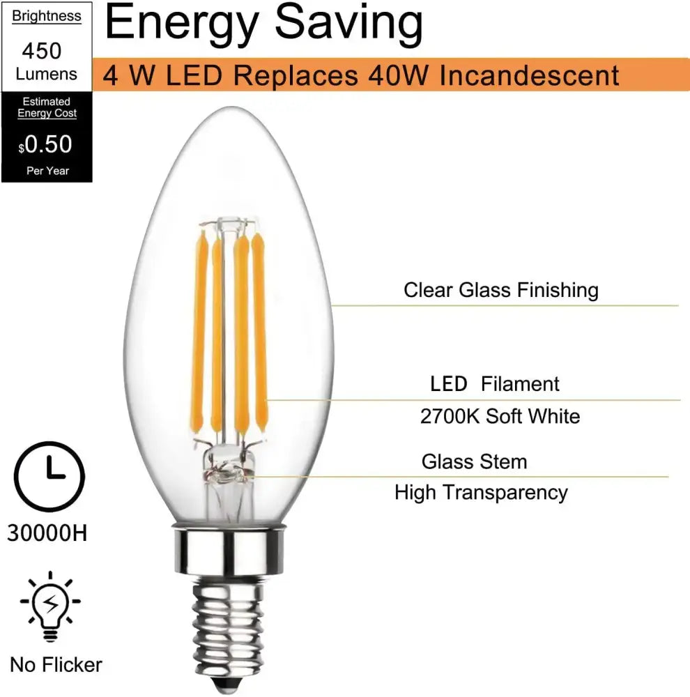 Vintage clear glass led candle bulb dining room 12 pack