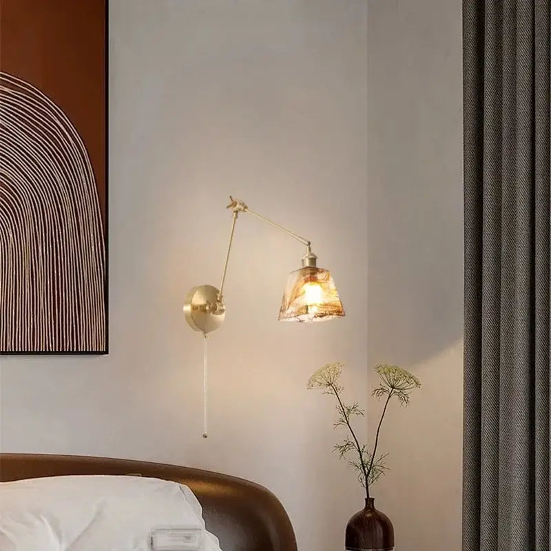 Vintage copper wall sconce with pull chain for bedroom