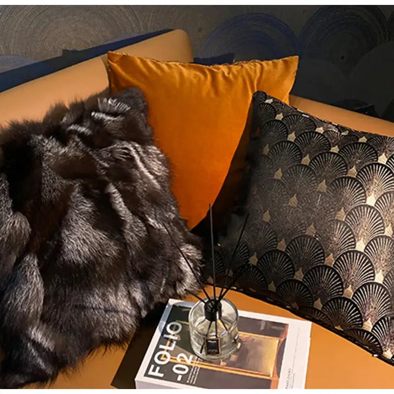 Vintage dark brown & black fox fur cushion cover living room