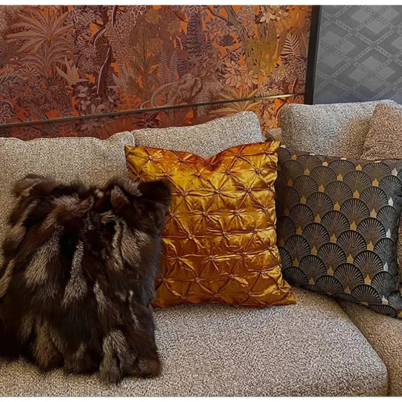 Vintage dark brown & black fox fur cushion cover living room