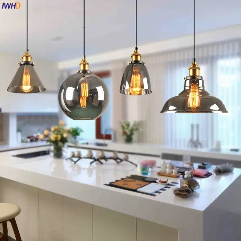 Vintage dark glass pendant lights set of 4 dining room brass accents