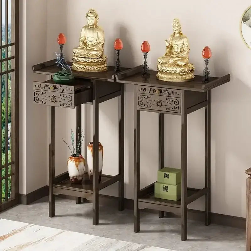 Vintage dark wood bamboo console table with drawer living room shelf