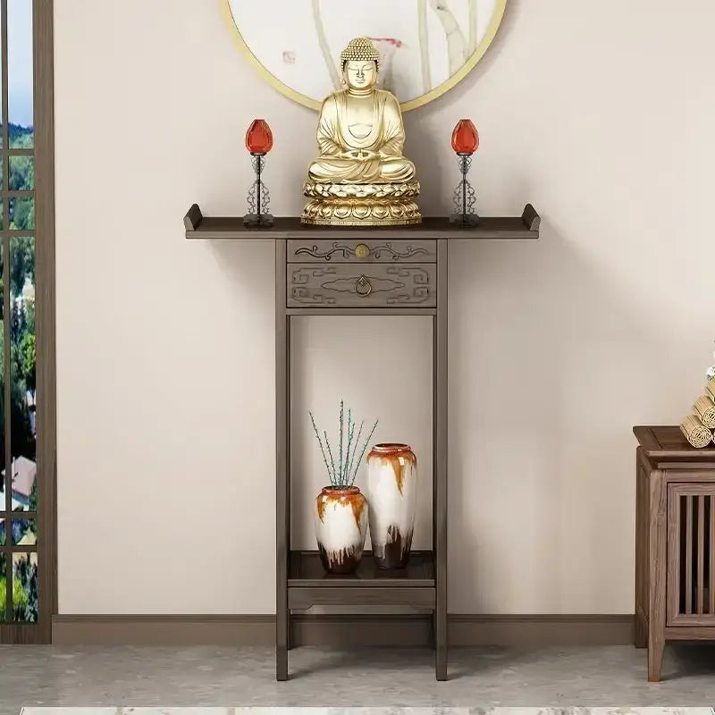 Vintage dark wood bamboo console table with drawer living room shelf
