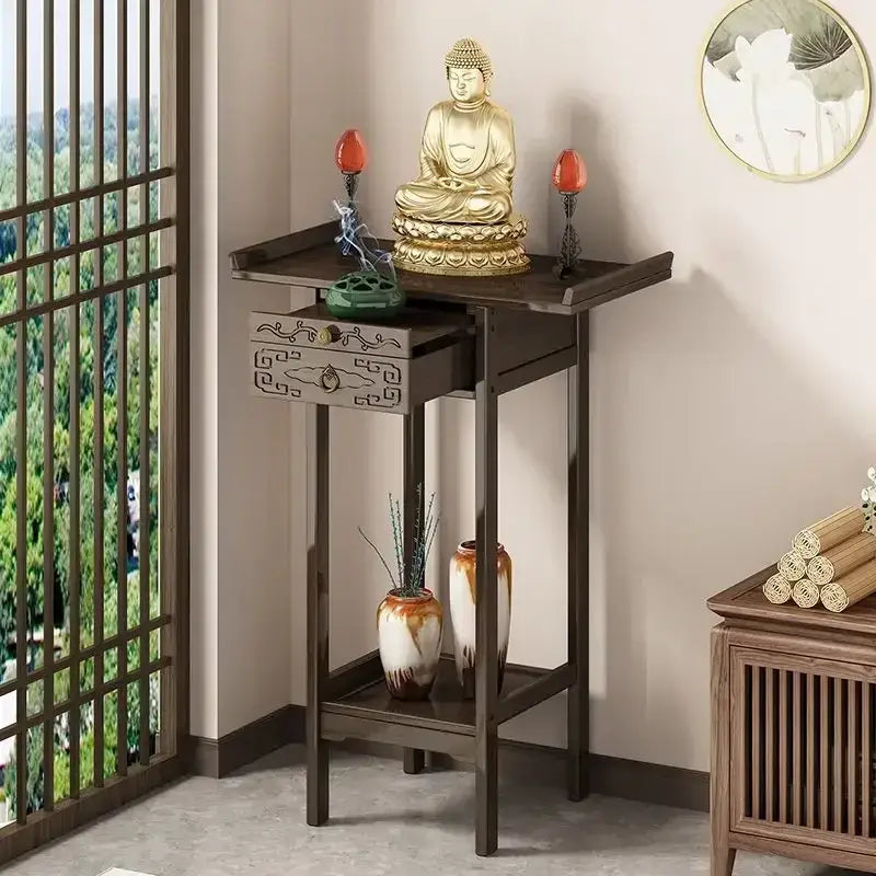Vintage dark wood bamboo console table with drawer living room shelf