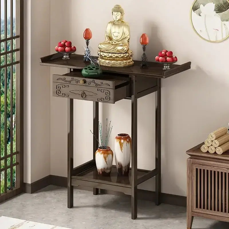 Vintage dark wood bamboo console table with drawer living room shelf