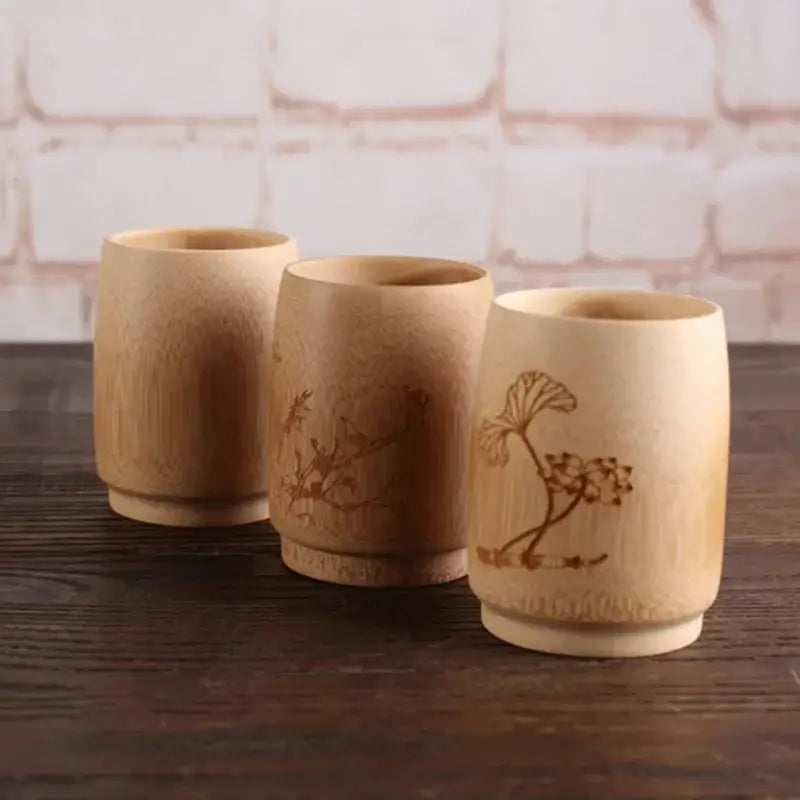 Vintage engraved bamboo drinking cup set dining room tea drinkware