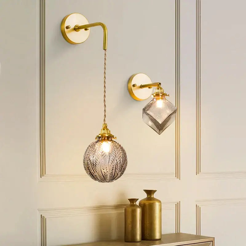 Vintage etched grey glass led wall lamp bedroom brass sconce