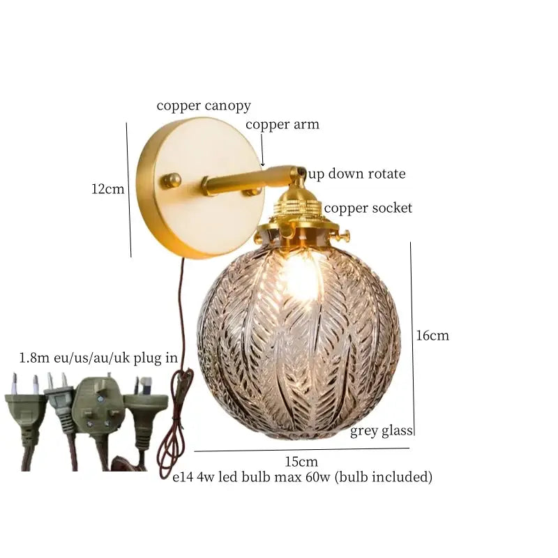 Vintage etched grey glass led wall lamp bedroom brass sconce