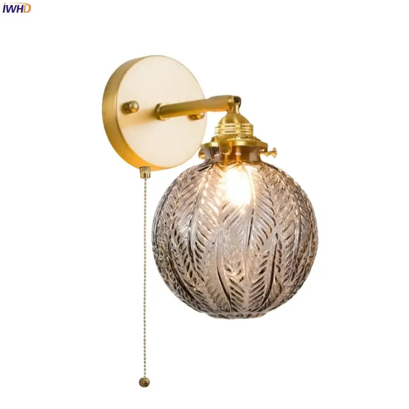Vintage etched grey glass led wall lamp bedroom brass sconce