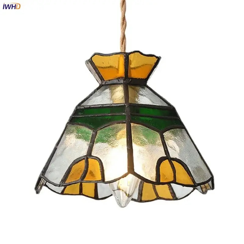 Vintage floral stained glass brass pendant lamp for dining room