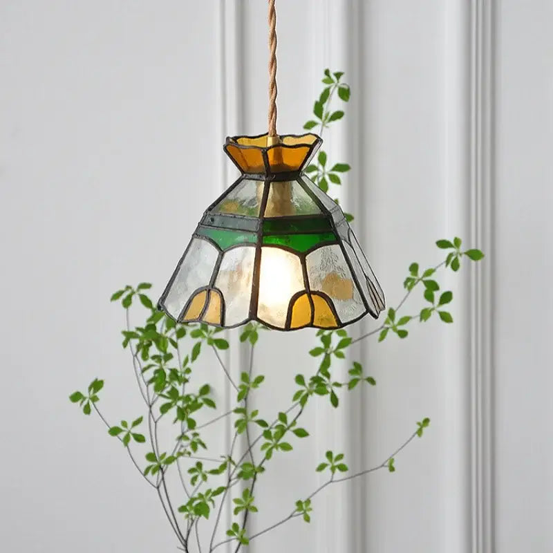 Vintage floral stained glass brass pendant lamp for dining room