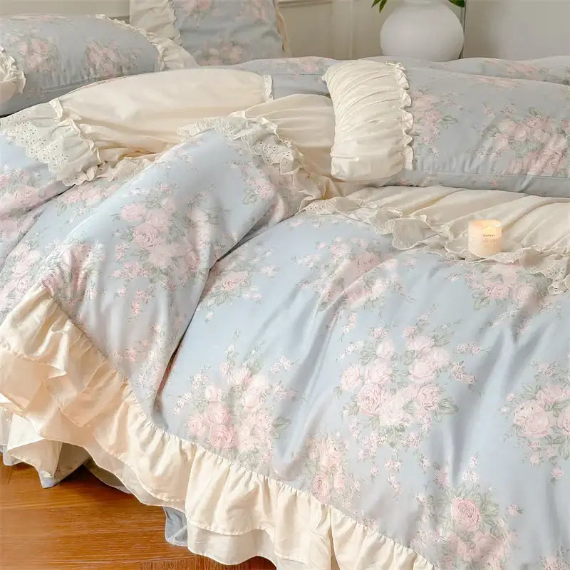 Vintage french floral bedding set light blue & pink bedroom ruffles