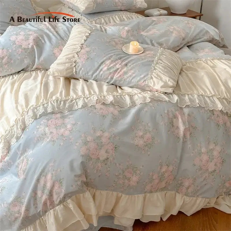 Vintage french floral bedding set light blue & pink bedroom ruffles