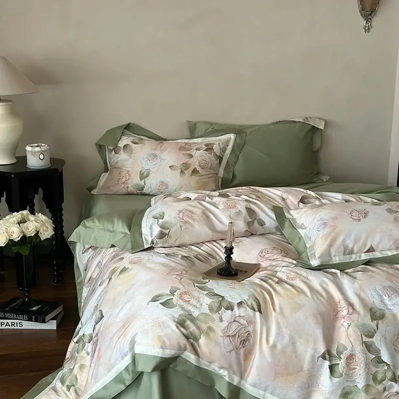Vintage french rose flower print bedding set cream & green bedroom