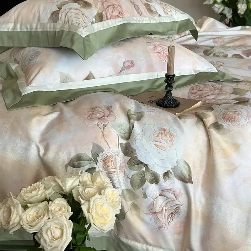 Vintage french rose flower print bedding set cream & green bedroom