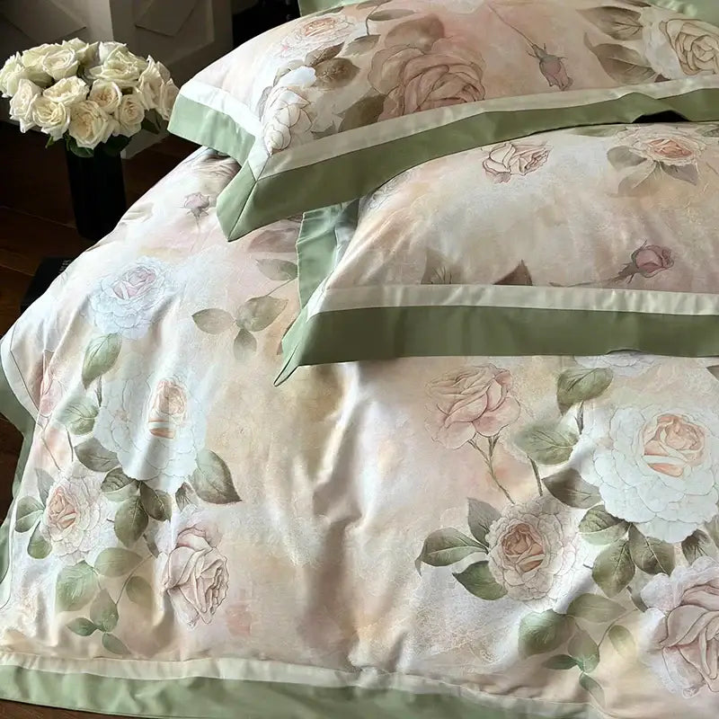 Vintage french rose flower print bedding set cream & green bedroom
