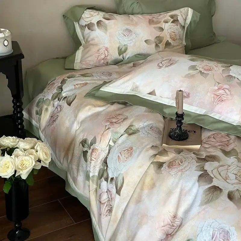 Vintage french rose flower print bedding set cream & green bedroom