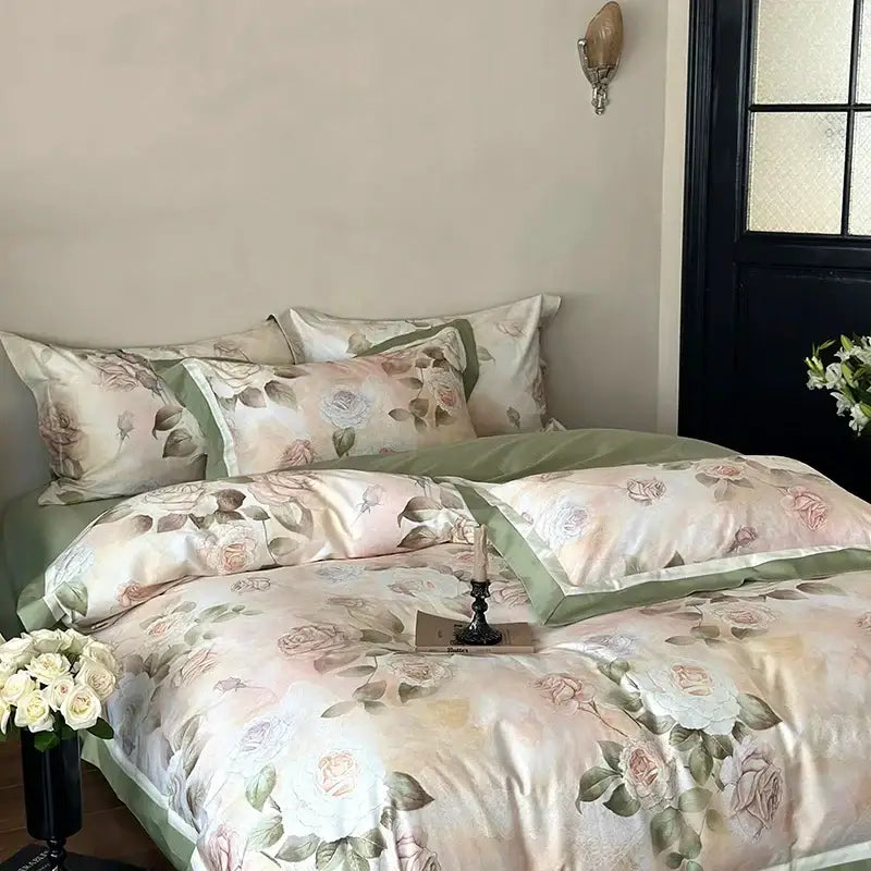 Vintage french rose flower print bedding set cream & green bedroom