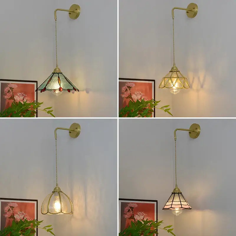 Vintage glass brass led wall sconce with pull chain for bedroom