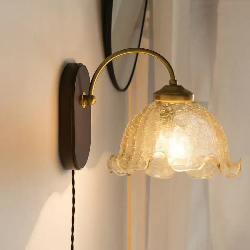 Vintage glass copper led wall lights for bedroom with wood backplate