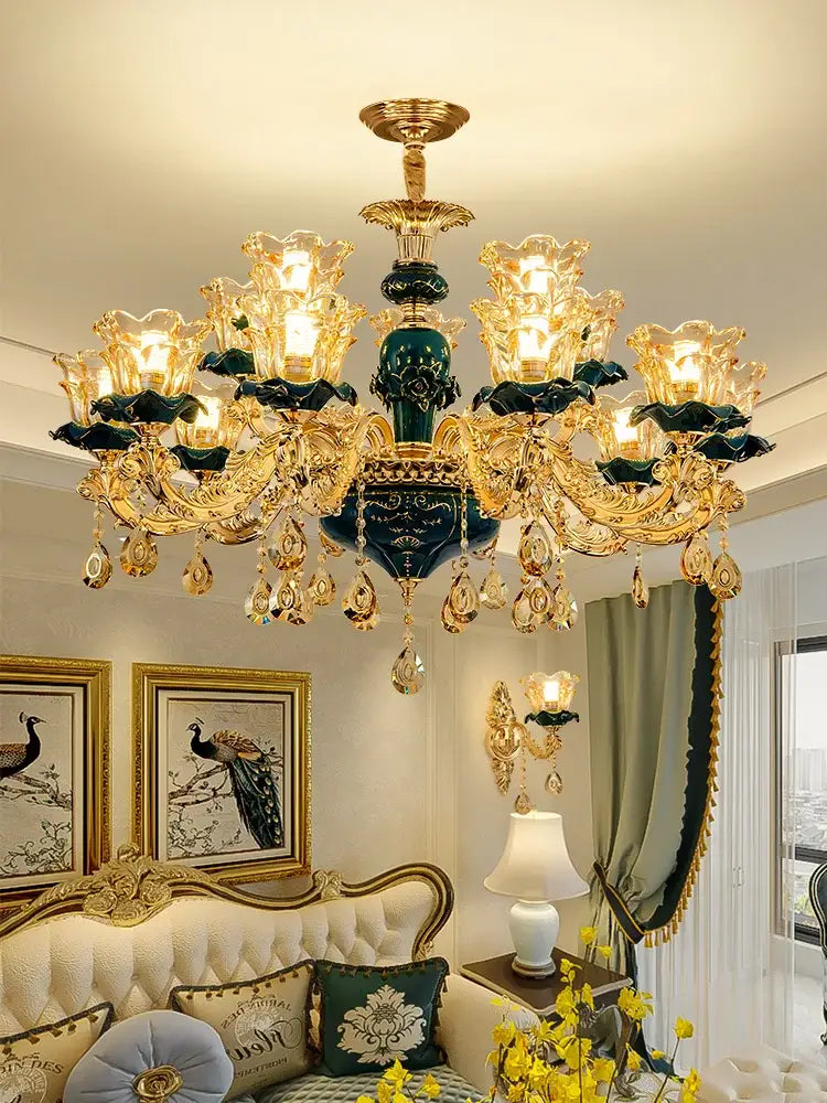 Vintage gold and dark blue crystal chandelier living room light