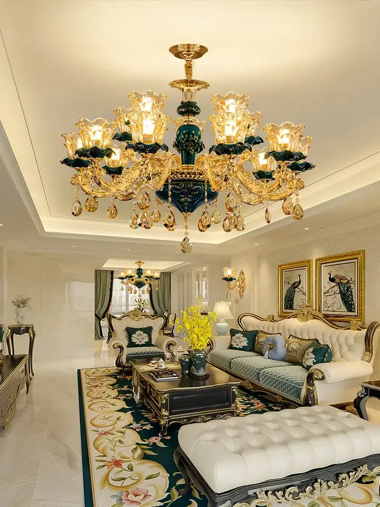 Vintage gold and dark blue crystal chandelier living room light
