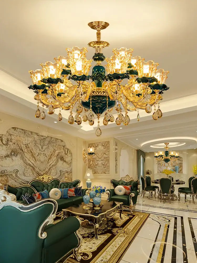 Vintage gold and dark blue crystal chandelier living room light