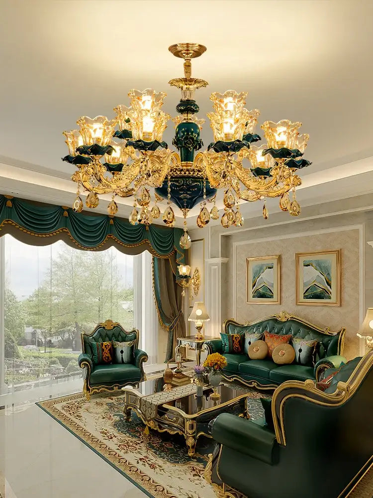 Vintage gold and dark blue crystal chandelier living room light