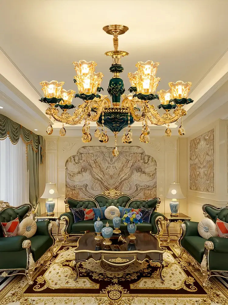 Vintage gold and dark blue crystal chandelier living room light