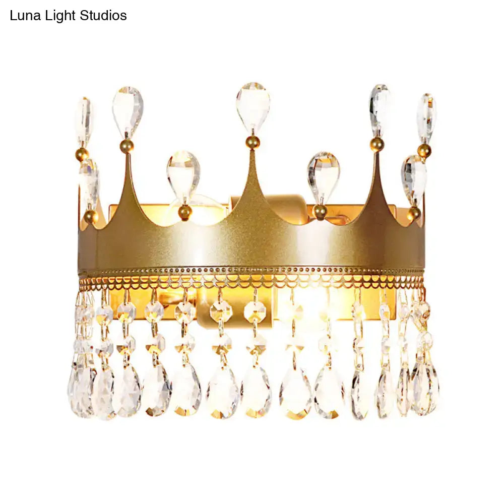 Vintage gold crown clear crystal wall lamp bedroom sconce
