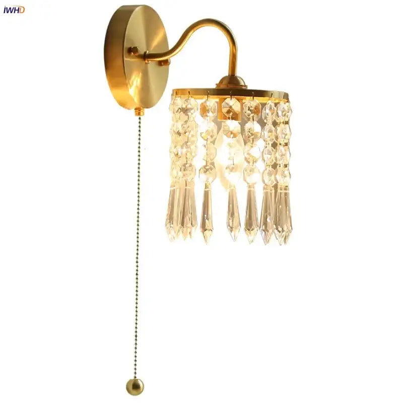 Vintage gold crystal wall light stair sconce with pull chain switch