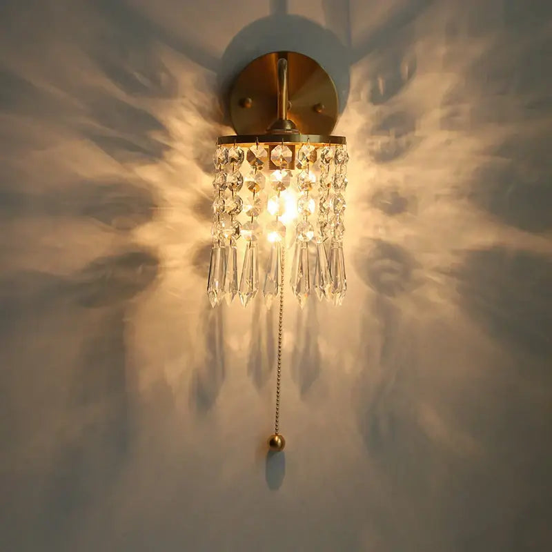 Vintage gold crystal wall light stair sconce with pull chain switch