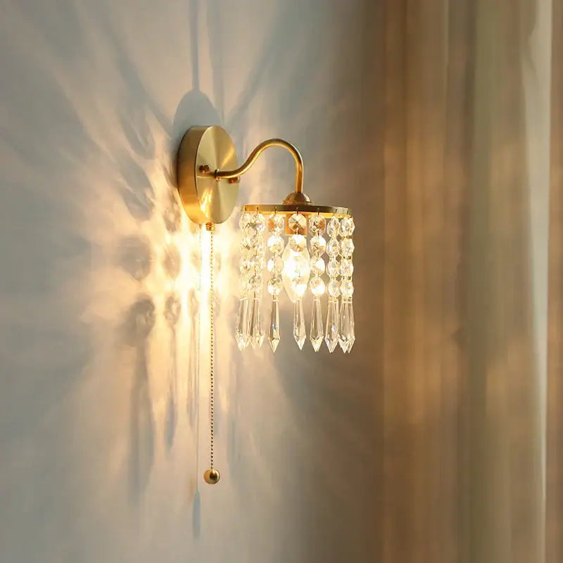 Vintage gold crystal wall light stair sconce with pull chain switch