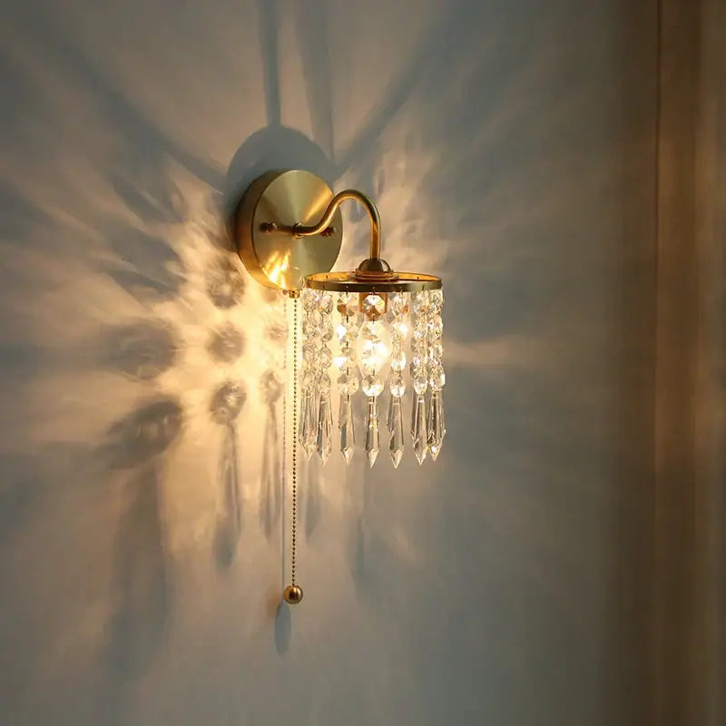 Vintage gold crystal wall light stair sconce with pull chain switch