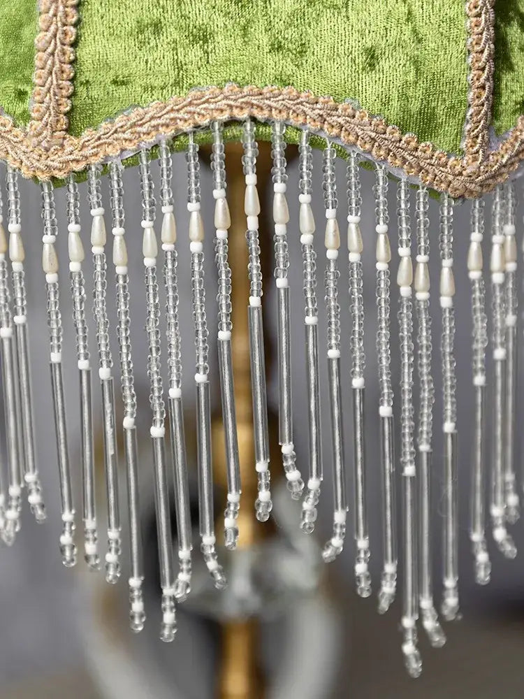 Vintage gold lustre tassel table lamp with green velvet for bedroom