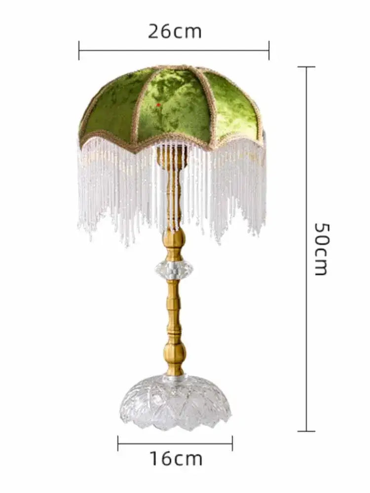 Vintage gold lustre tassel table lamp with green velvet for bedroom