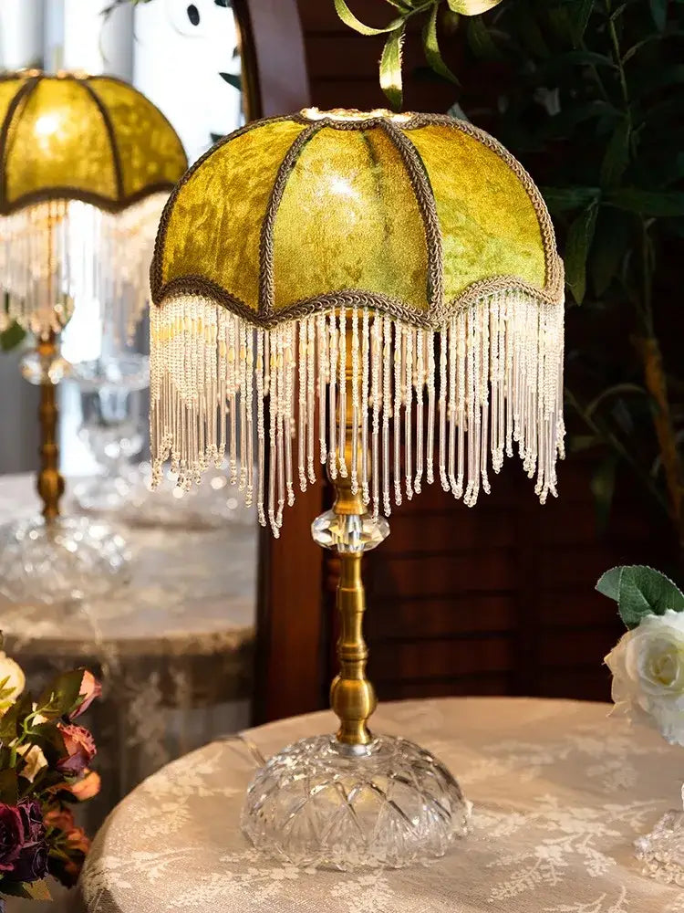 Vintage gold lustre tassel table lamp with green velvet for bedroom
