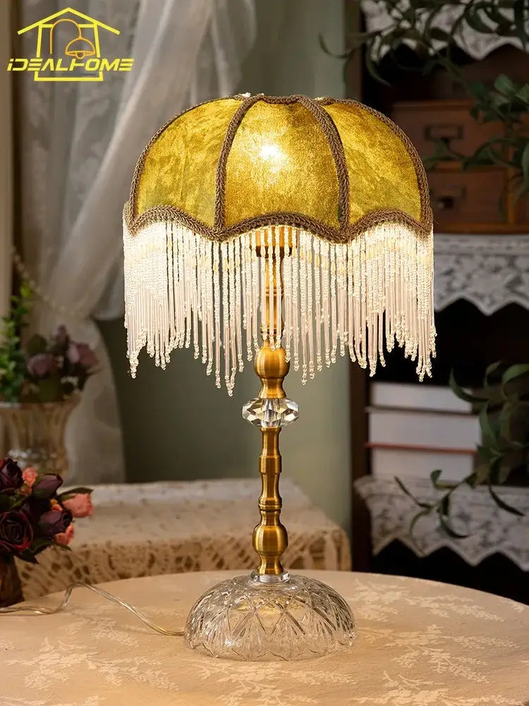 Vintage gold lustre tassel table lamp with green velvet for bedroom