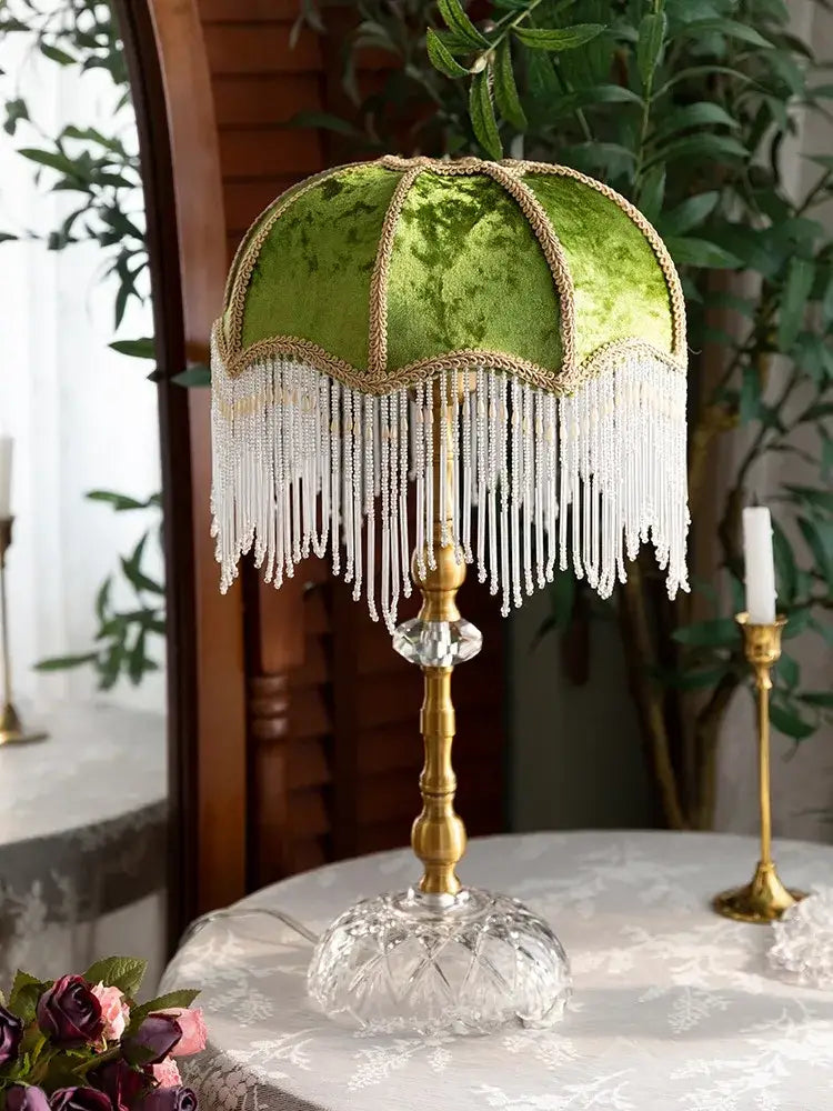 Vintage gold lustre tassel table lamp with green velvet for bedroom