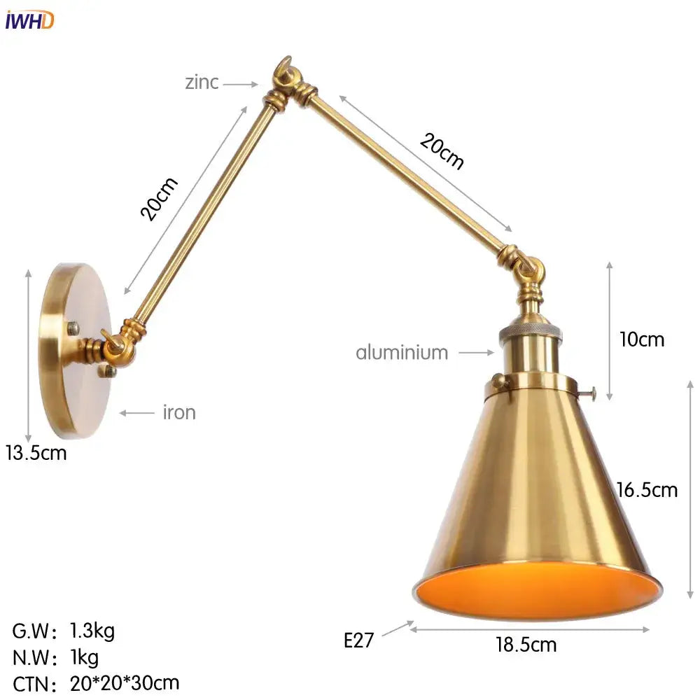 Vintage gold swing arm wall lamp bedroom industrial brass sconce