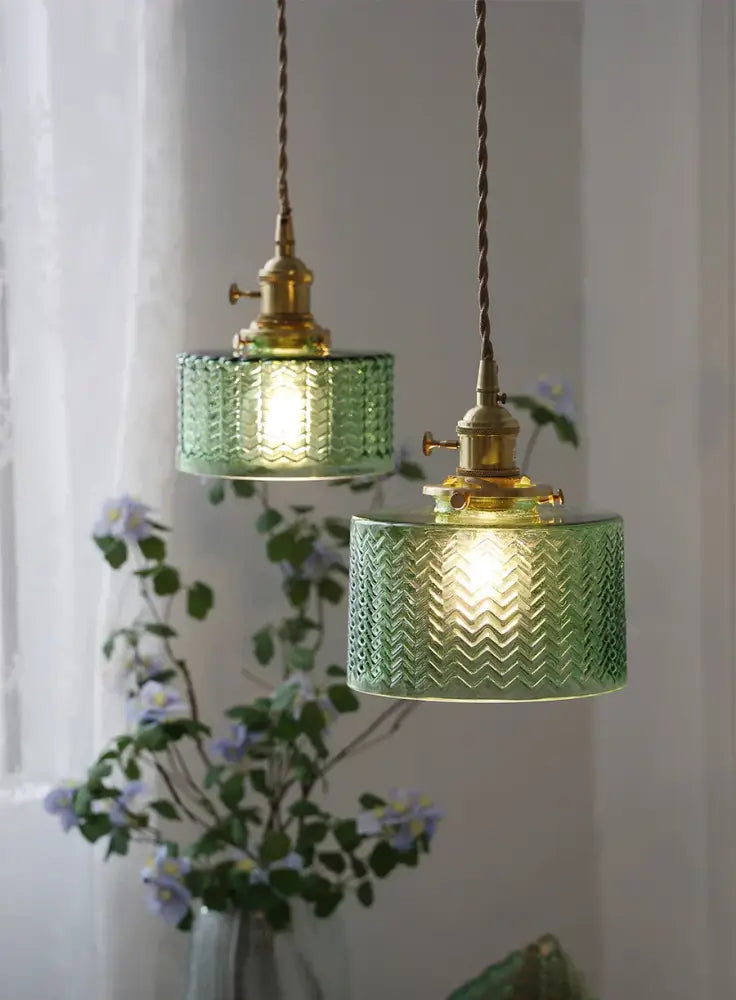 Vintage green & clear glass shade chandelier – dining room pendant