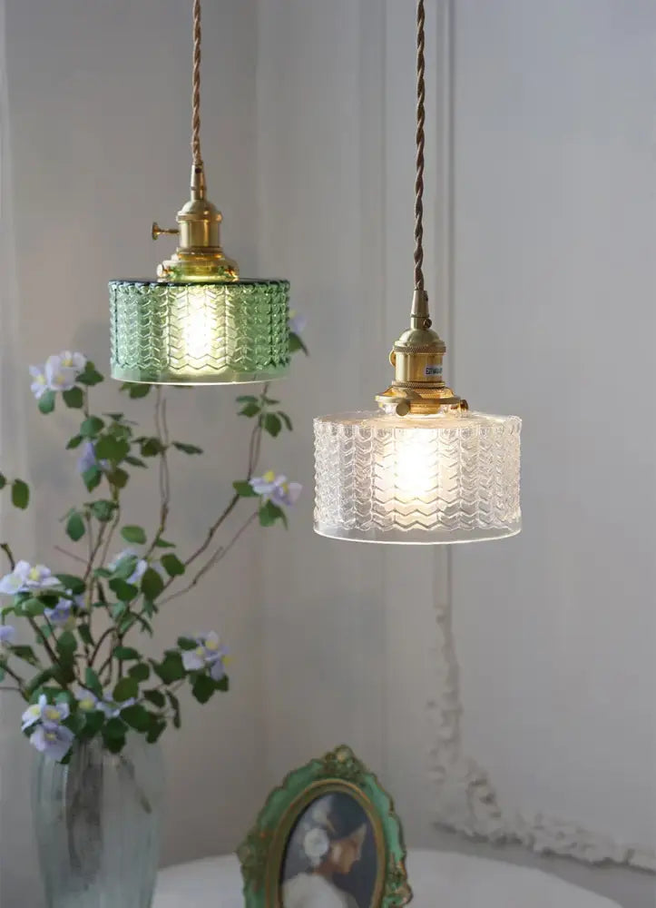 Vintage green & clear glass shade chandelier – dining room pendant